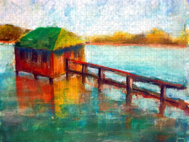 Bootshütte am Kochelsee (Gouache und Pastellkreide) - CALVENDO Foto-Puzzle'