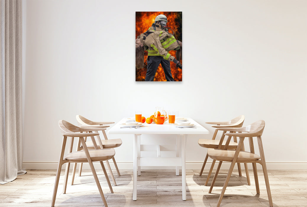 Premium Textil-Leinwand Premium Textil-Leinwand 60 cm x 90 cm hoch Ein Motiv aus dem Kalender Feuerwehr - Einsatz am Limit