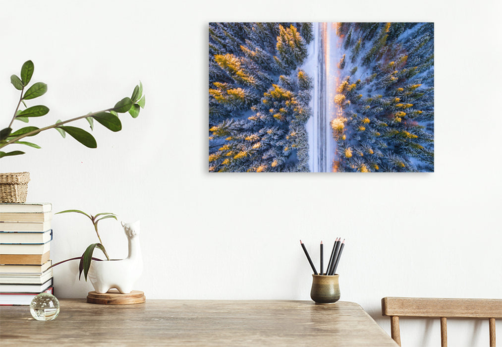 Premium textile canvas Premium textile canvas 120 cm x 80 cm landscape Winter forest in the morning light from a bird's eye view 