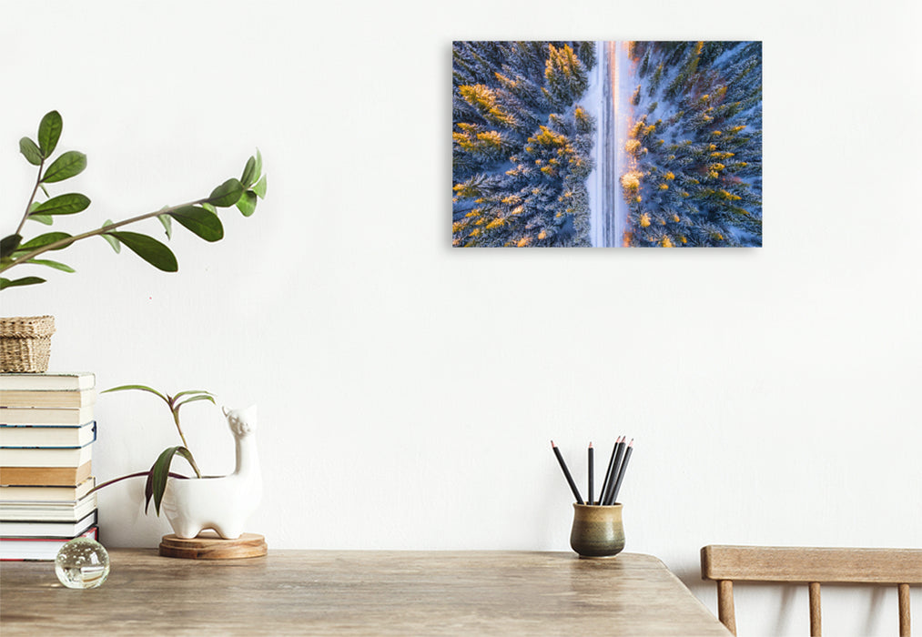 Premium textile canvas Premium textile canvas 120 cm x 80 cm landscape Winter forest in the morning light from a bird's eye view 