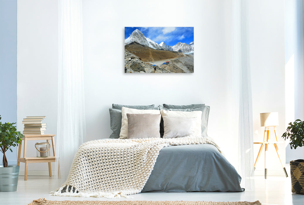 Premium textile canvas Premium textile canvas 120 cm x 80 cm landscape View of Gorak Shep (5170 m) with Kala Pattar (5545 m) and Pumori (7161 m) 