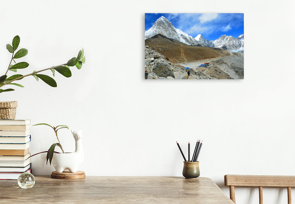 Premium textile canvas Premium textile canvas 120 cm x 80 cm landscape View of Gorak Shep (5170 m) with Kala Pattar (5545 m) and Pumori (7161 m) 