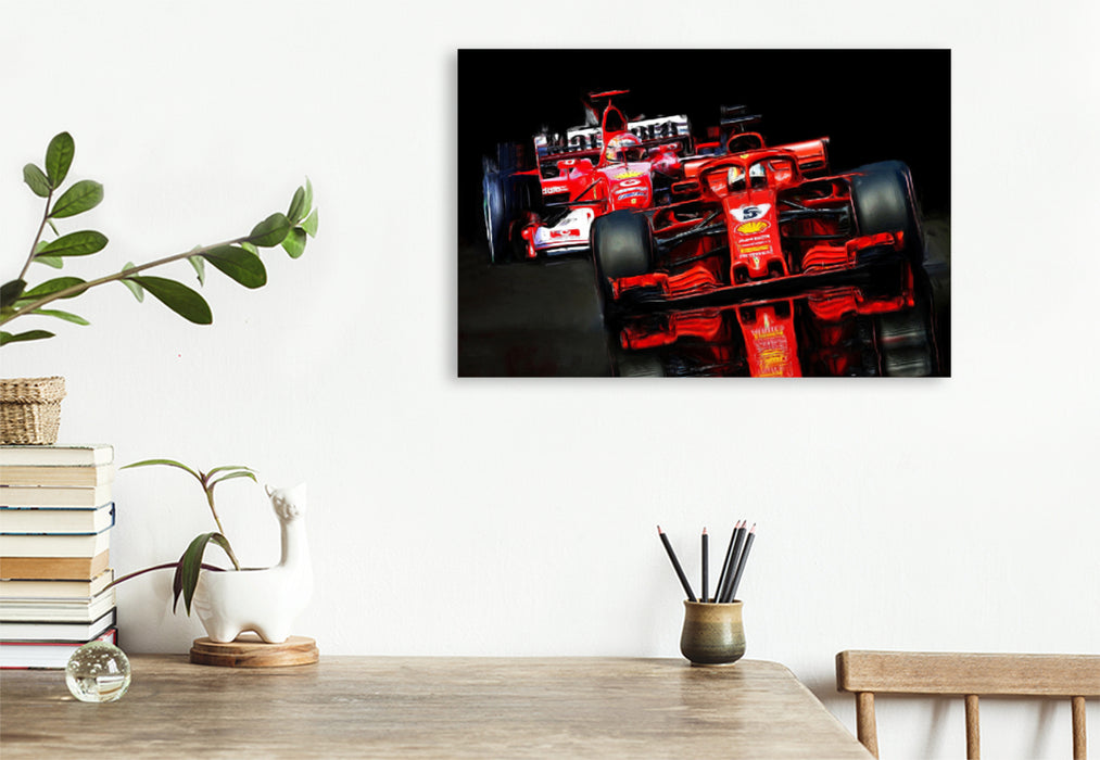 Toile textile haut de gamme Toile textile haut de gamme 120 cm x 80 cm paysage Montage d'image : Sebastian Vettel en rouge italien en 2018, Michael Schumacher dans le Monoposto 2005. 