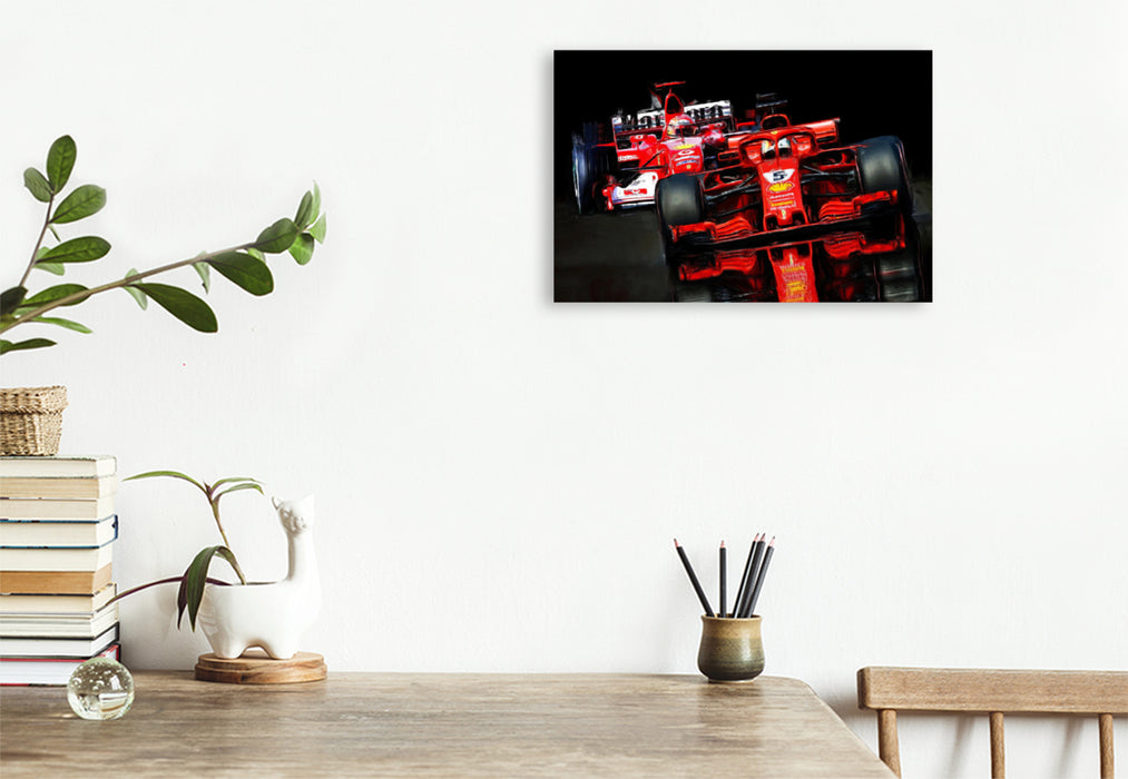 Premium Textil-Leinwand Premium Textil-Leinwand 120 cm x 80 cm quer Bildmontage: Sebastian Vettel in roten Italiener anno 2018, Michael Schumacher im 2005er Monoposto.