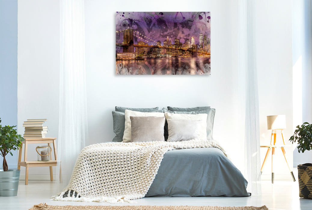 Premium textile canvas Premium textile canvas 120 cm x 80 cm landscape Modern Art BROOKLYN BRIDGE Sunset over New York City 