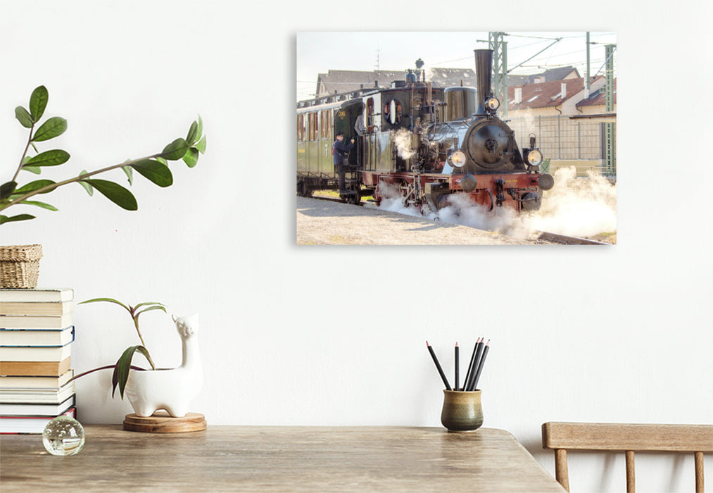 Premium textile canvas Premium textile canvas 120 cm x 80 cm landscape steam locomotive 30 (pr. T3) "Chanderli" of the Kandertalbahn in Haltingen 