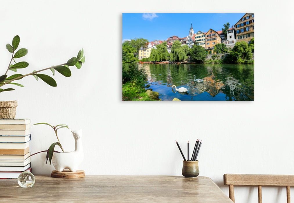 Premium textile canvas Premium textile canvas 120 cm x 80 cm across Tübingen Neckarfront with Hölderlin Tower and collegiate church 