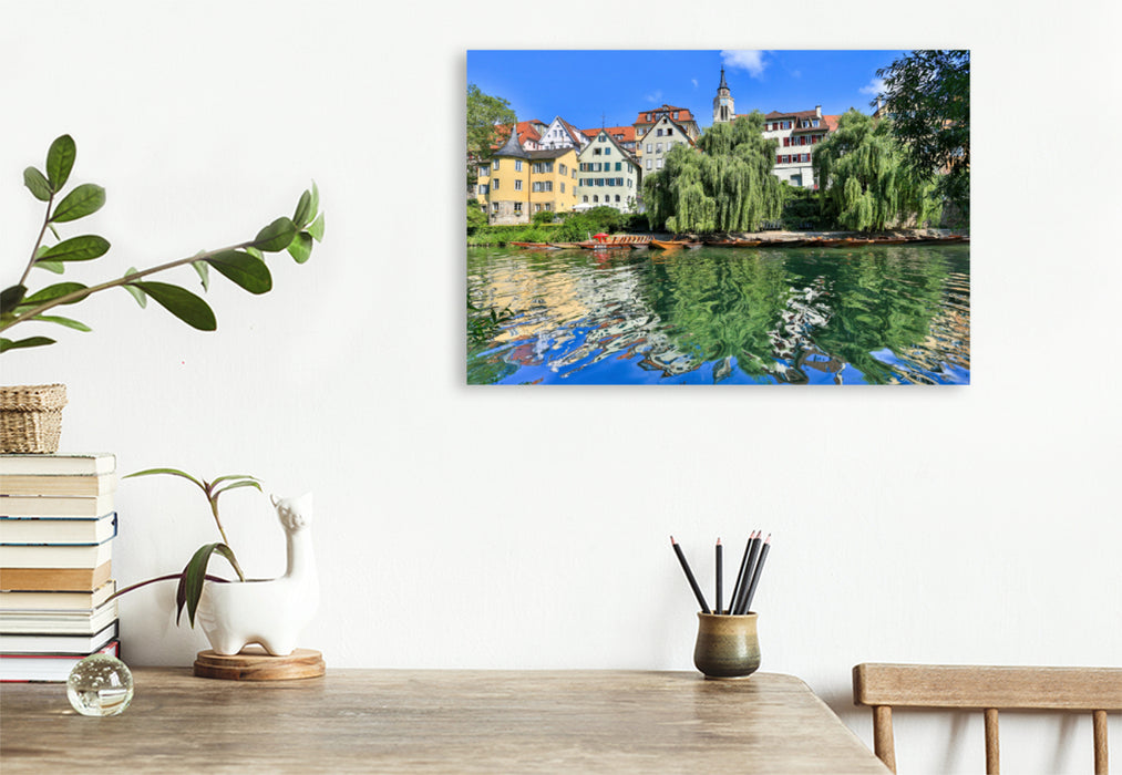 Premium textile canvas Premium textile canvas 120 cm x 80 cm across Tübingen Neckar front with punting pier 