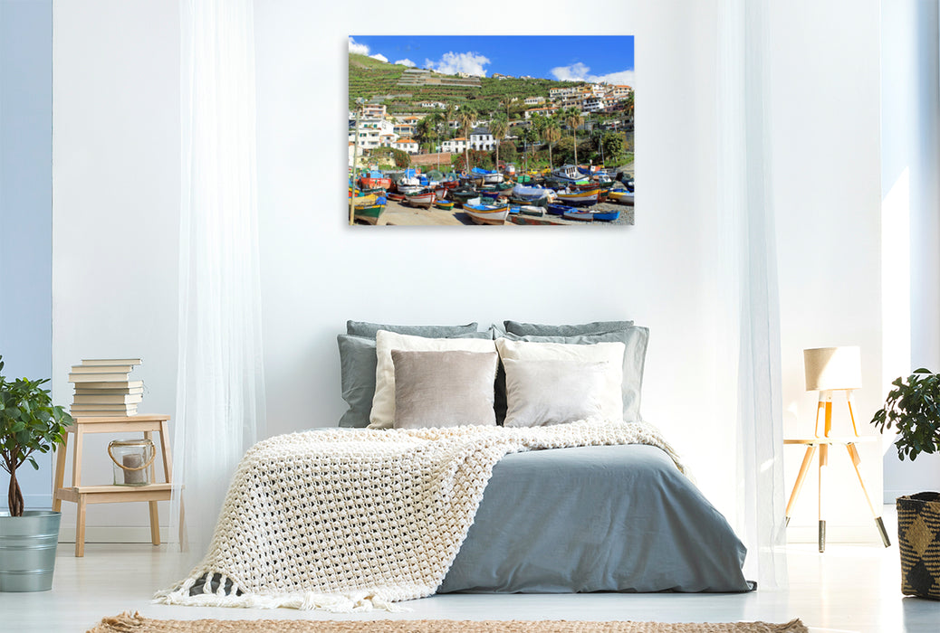 Premium textile canvas Premium textile canvas 120 cm x 80 cm landscape The colorful fishing boats from Câmara de Lobos 