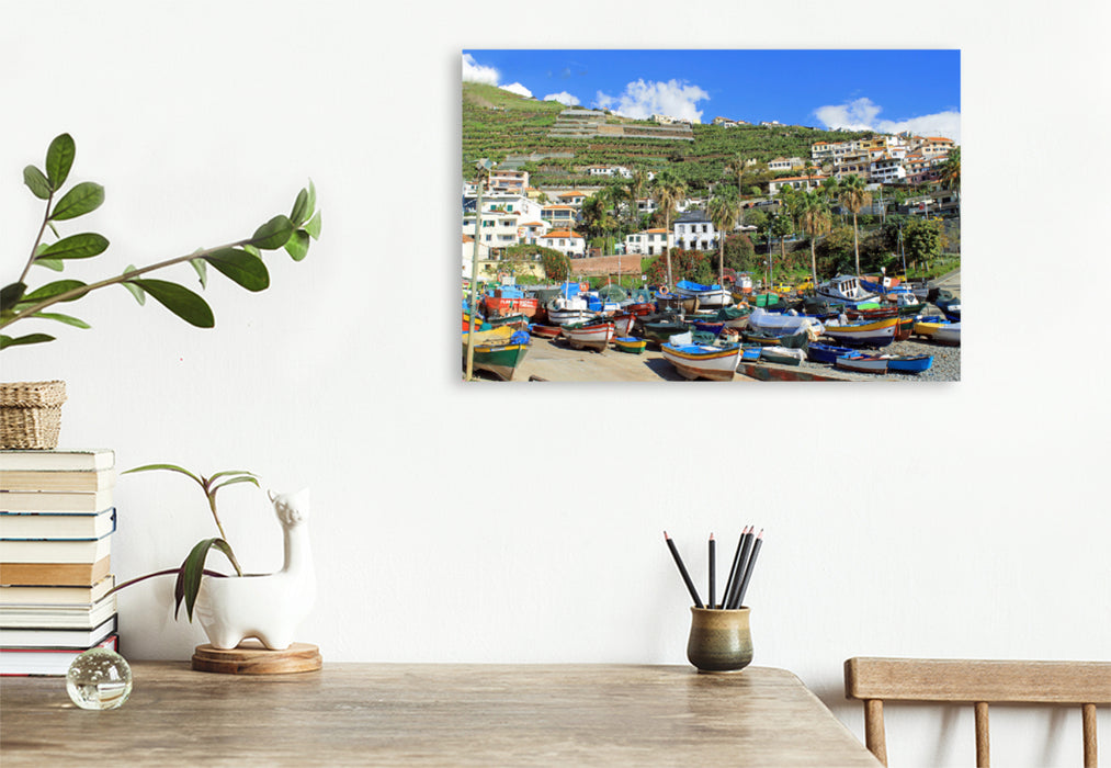 Premium textile canvas Premium textile canvas 120 cm x 80 cm landscape The colorful fishing boats from Câmara de Lobos 