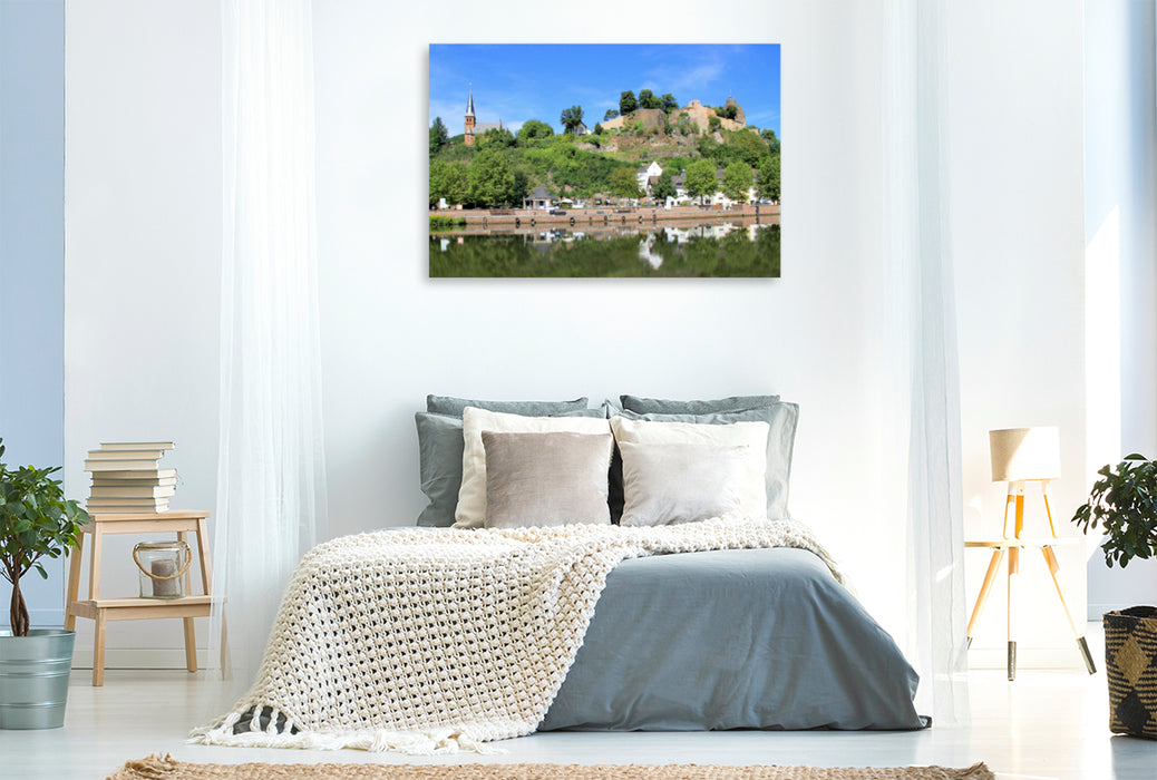 Premium textile canvas Premium textile canvas 120 cm x 80 cm landscape view of the church and castle ruins of Saarburg 