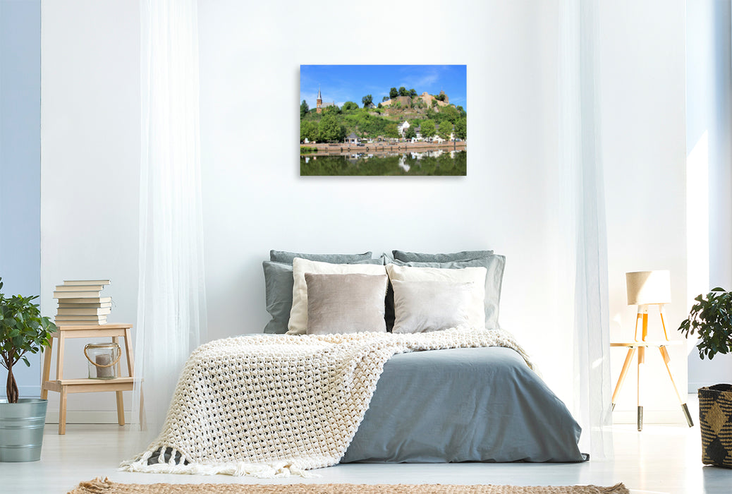 Premium textile canvas Premium textile canvas 120 cm x 80 cm landscape view of the church and castle ruins of Saarburg 