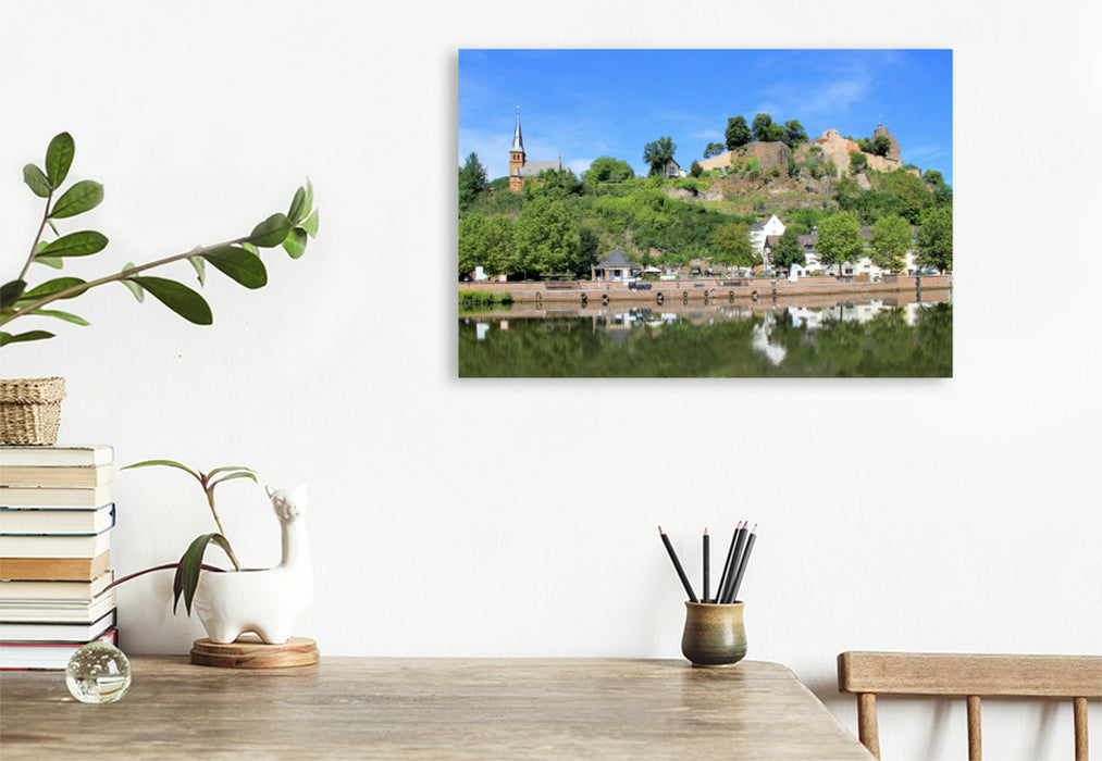 Premium textile canvas Premium textile canvas 120 cm x 80 cm landscape view of the church and castle ruins of Saarburg 