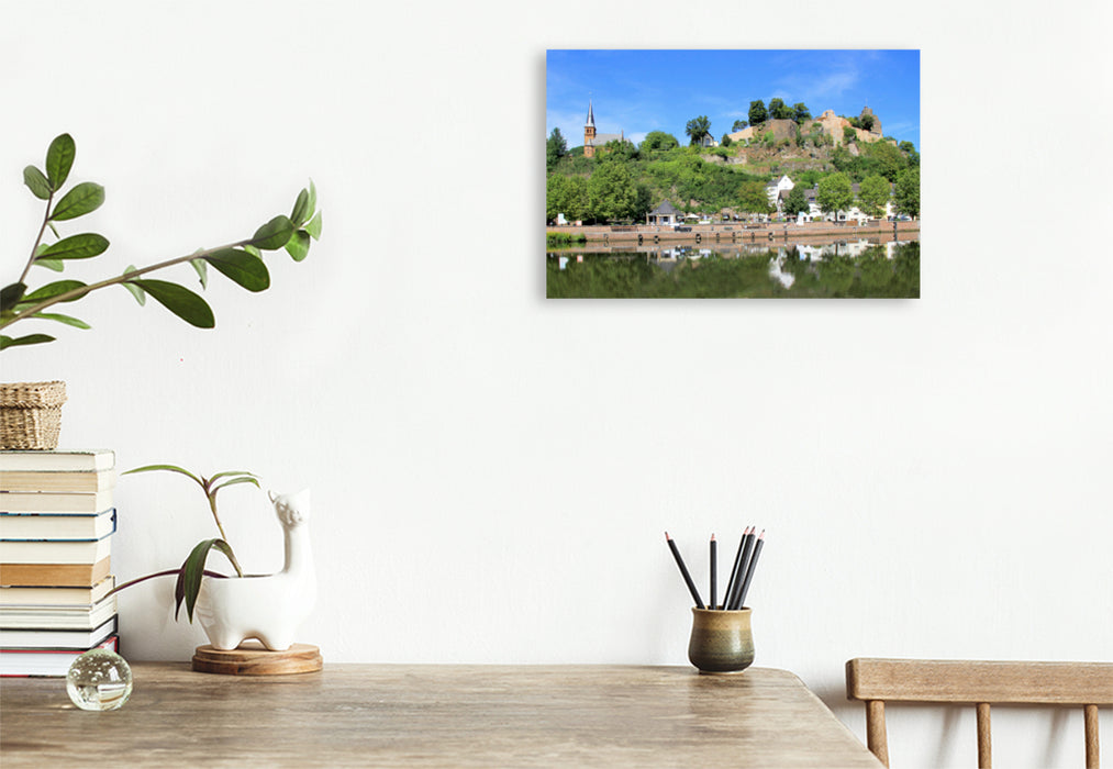 Premium textile canvas Premium textile canvas 120 cm x 80 cm landscape view of the church and castle ruins of Saarburg 