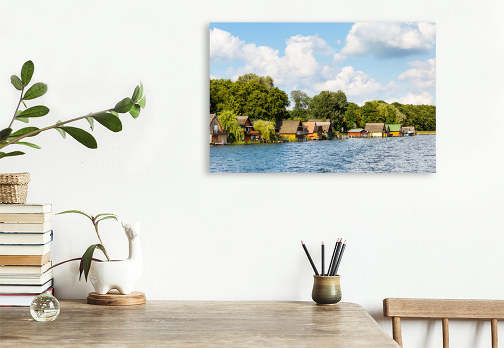 Premium textile canvas Premium textile canvas 120 cm x 80 cm across Boathouses on the Mecklenburg Lake District 