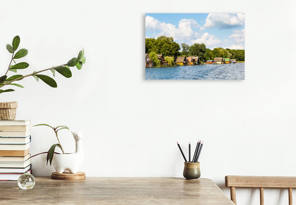 Premium textile canvas Premium textile canvas 120 cm x 80 cm across Boathouses on the Mecklenburg Lake District 