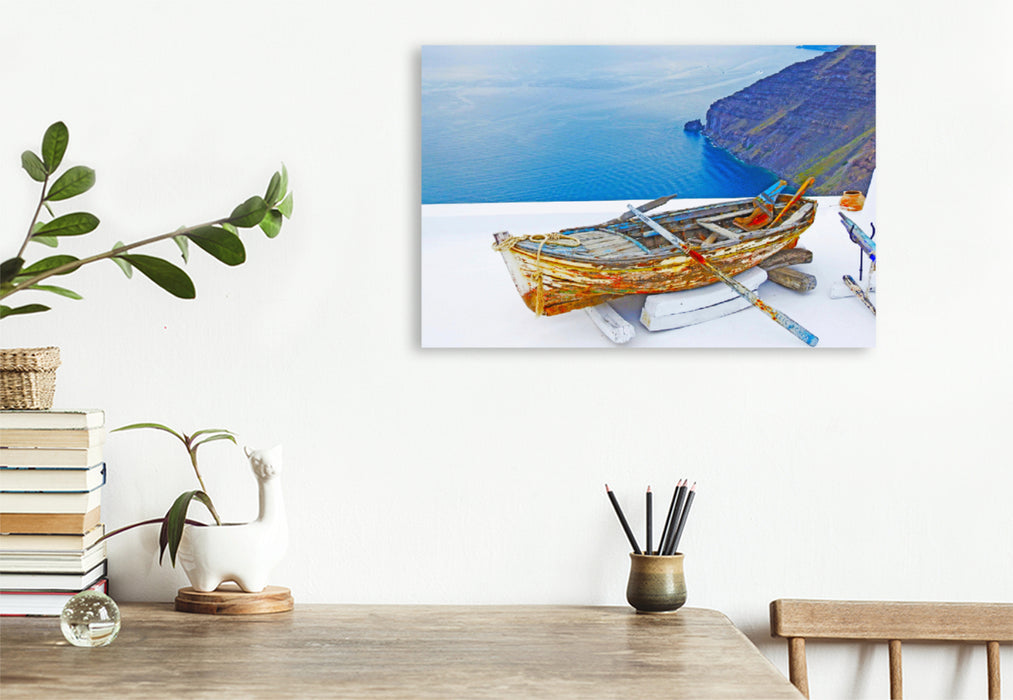 Toile textile premium Toile textile premium 120 cm x 80 cm paysage Vieux bateau de pêche sur l'île grecque de Santorin