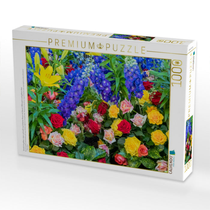 Strauß mit gelben, roten und weiß rosa farbenen Rosen mit blauem Rittersporn und gelben Lilien - CALVENDO Foto-Puzzle'