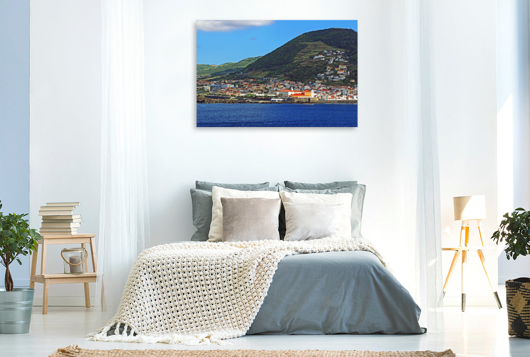 Premium textile canvas Premium textile canvas 120 cm x 80 cm across Velas at the foot of the Pico dos Louros on the Azores island of Sao Jorge 