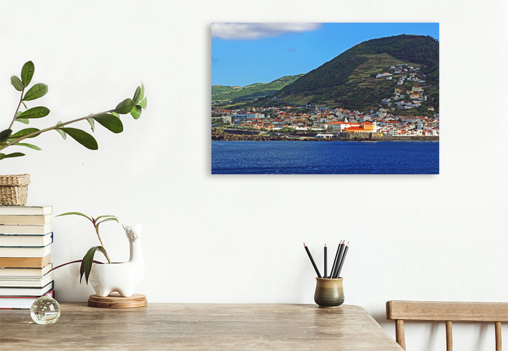 Premium textile canvas Premium textile canvas 120 cm x 80 cm across Velas at the foot of the Pico dos Louros on the Azores island of Sao Jorge 