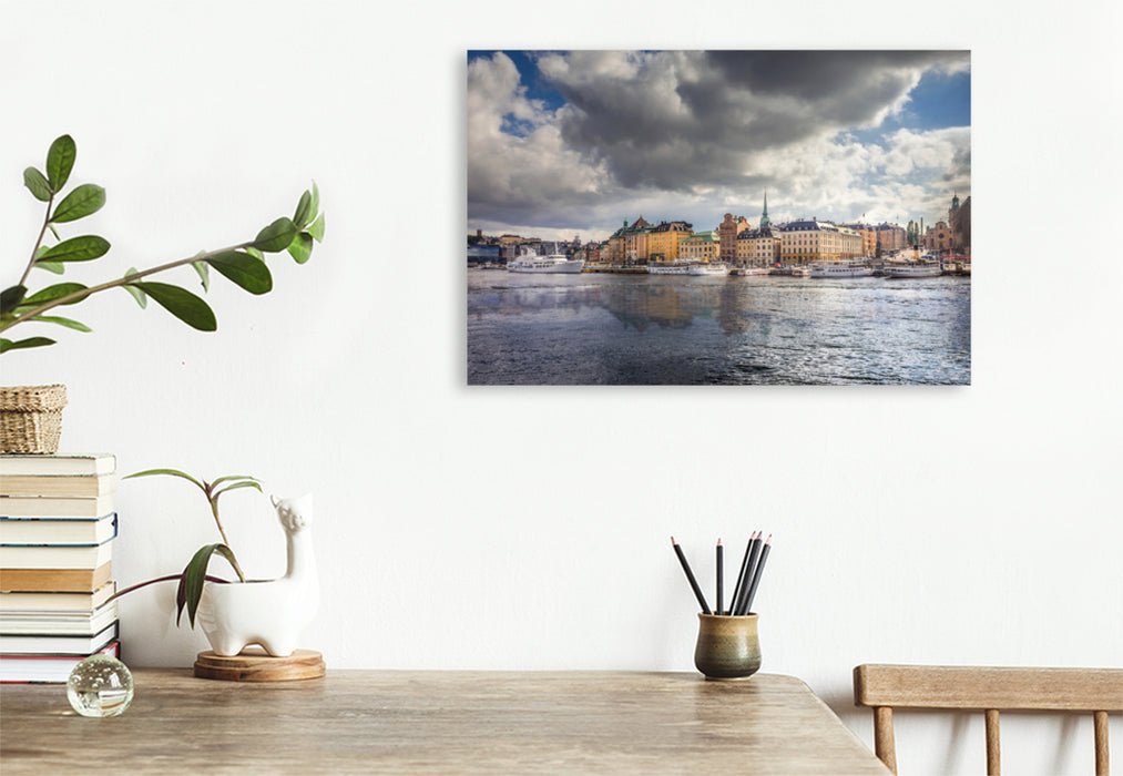 Premium textile canvas Premium textile canvas 120 cm x 80 cm landscape View from Skeppsholmen to the old town Gamla Stan in Stockholm 