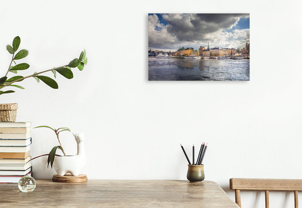 Premium textile canvas Premium textile canvas 120 cm x 80 cm landscape View from Skeppsholmen to the old town Gamla Stan in Stockholm 