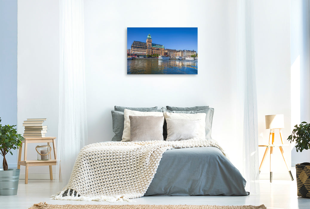 Premium textile canvas Premium textile canvas 120 cm x 80 cm landscape harbor of Stockholm with historic hotel and ferry boats 