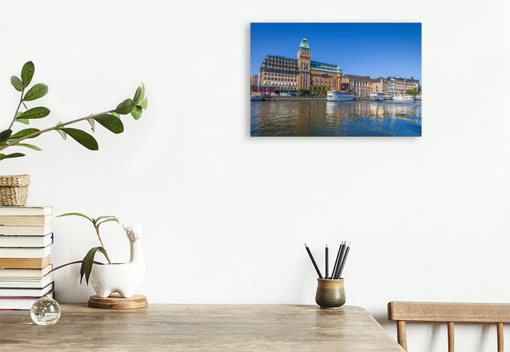 Premium textile canvas Premium textile canvas 120 cm x 80 cm landscape harbor of Stockholm with historic hotel and ferry boats 