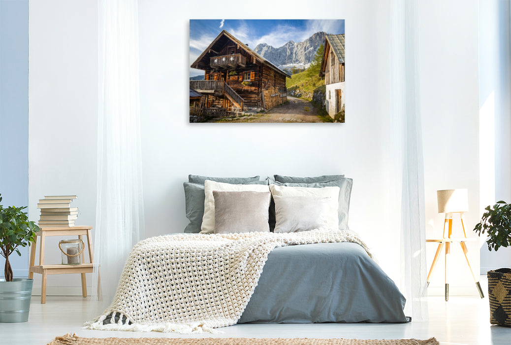 Premium textile canvas Premium textile canvas 120 cm x 80 cm across Old hut on the Neustattalm (1,530 m) in front of the Dachstein south face 