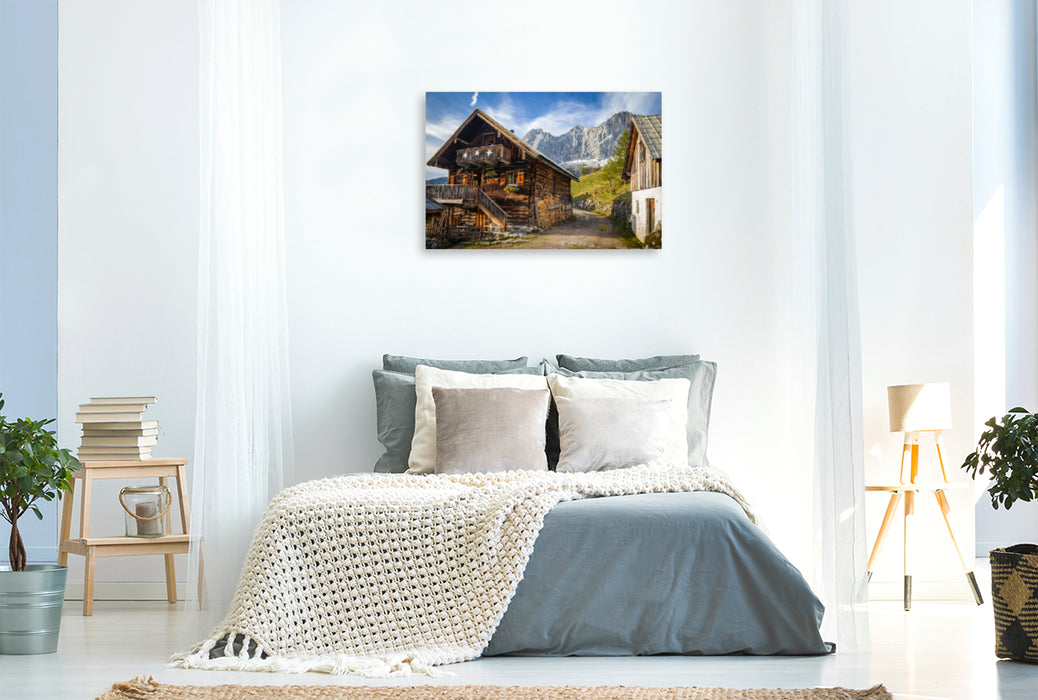 Premium textile canvas Premium textile canvas 120 cm x 80 cm across Old hut on the Neustattalm (1,530 m) in front of the Dachstein south face 