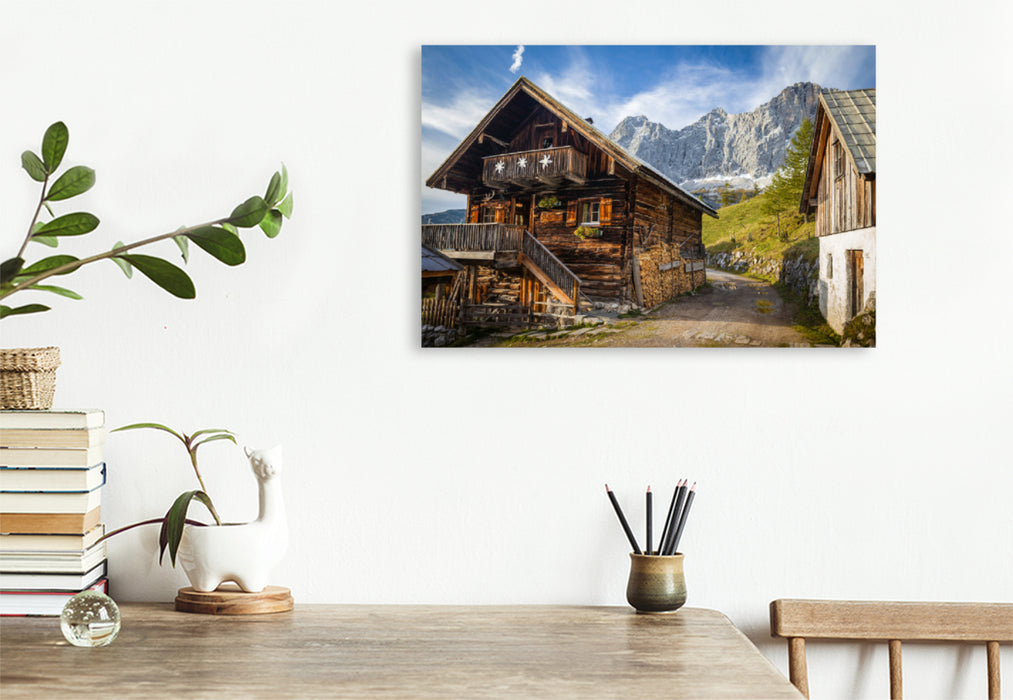 Premium textile canvas Premium textile canvas 120 cm x 80 cm across Old hut on the Neustattalm (1,530 m) in front of the Dachstein south face 