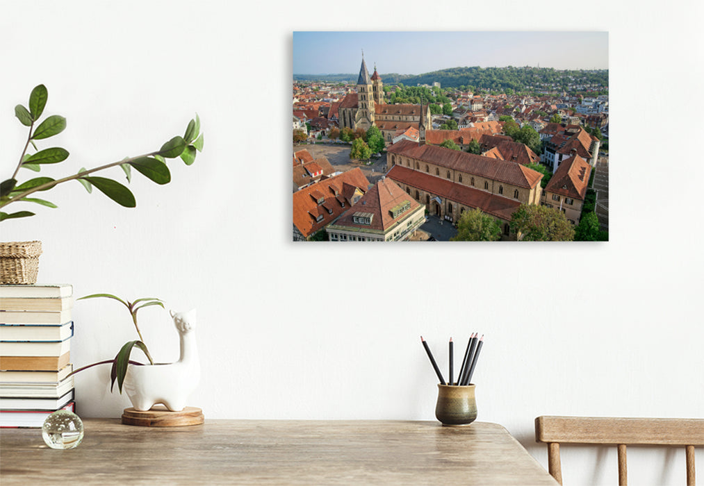 Premium Textil-Leinwand Premium Textil-Leinwand 120 cm x 80 cm quer Panoramablick vom Turm der Frauenkirche, ein Motiv aus dem Kalender Esslingen von oben und von unten