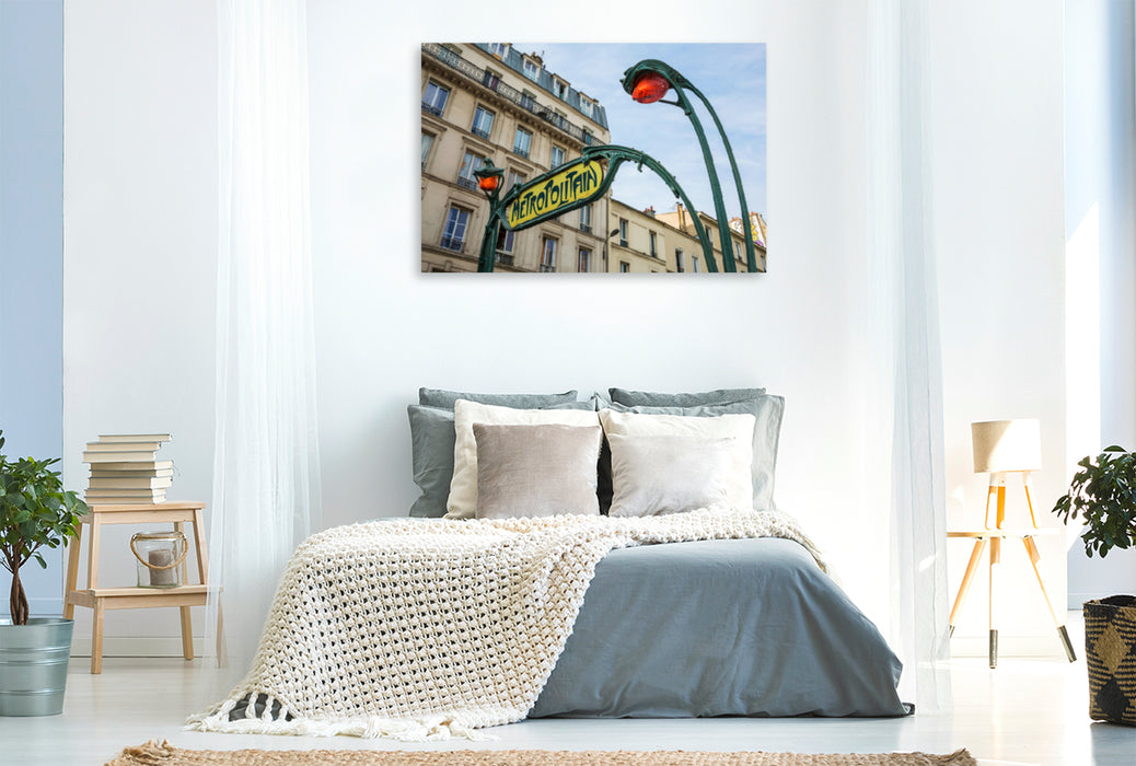 Premium Textil-Leinwand Premium Textil-Leinwand 120 cm x 80 cm quer Jugendstil-Metroschild mit Lampen in Paris