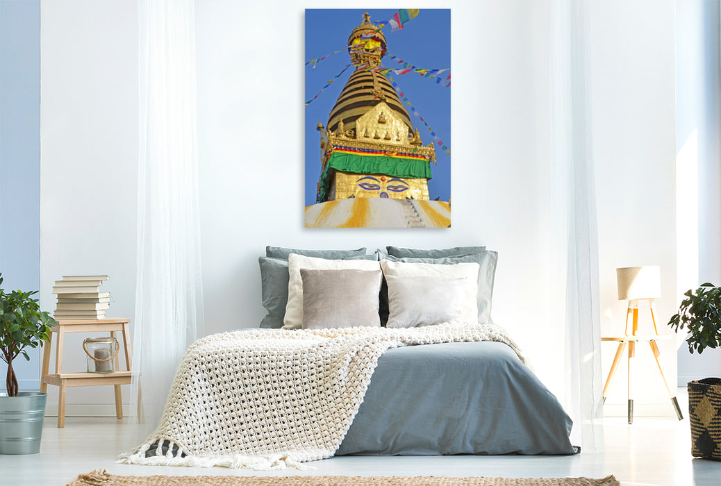 Premium Textil-Leinwand Premium Textil-Leinwand 80 cm x 120 cm  hoch Der obere Teil des berühmten Stupa von Swayambhunath im Westen von Kathmandu