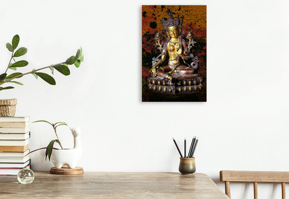 Toile textile premium Toile textile premium 80 cm x 120 cm de haut Tara verte, la femme Bouddha de la compassion 