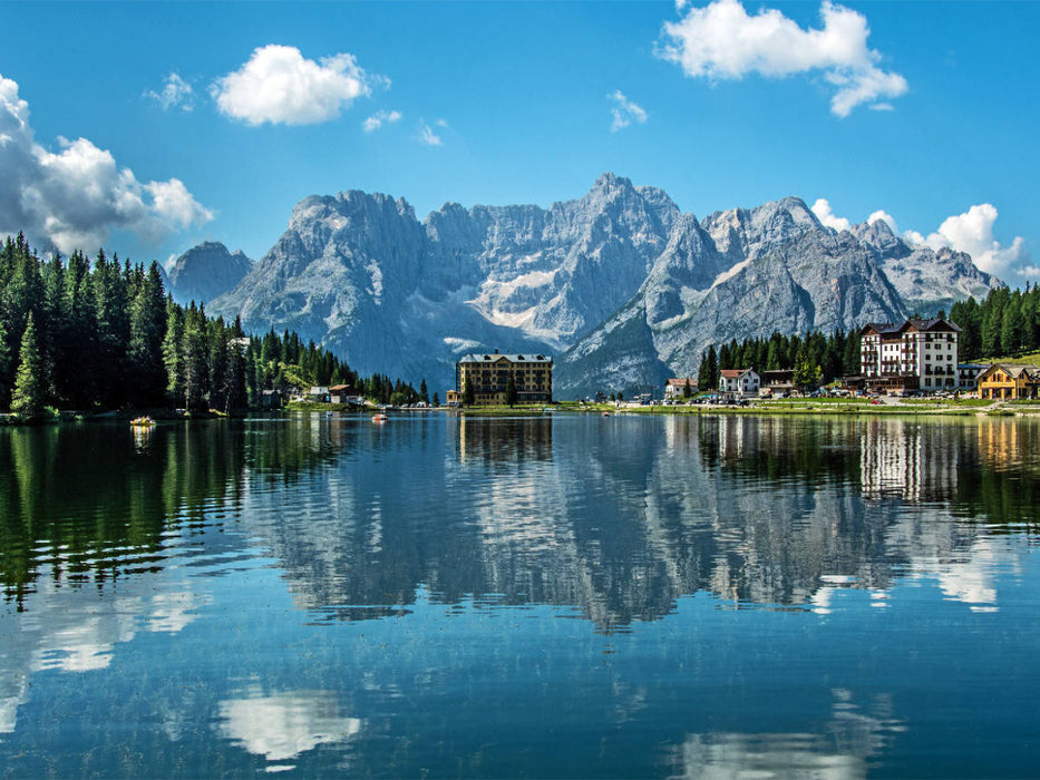 Die Dolomiten spiegeln sich im Misurinasee - CALVENDO Foto-Puzzle'