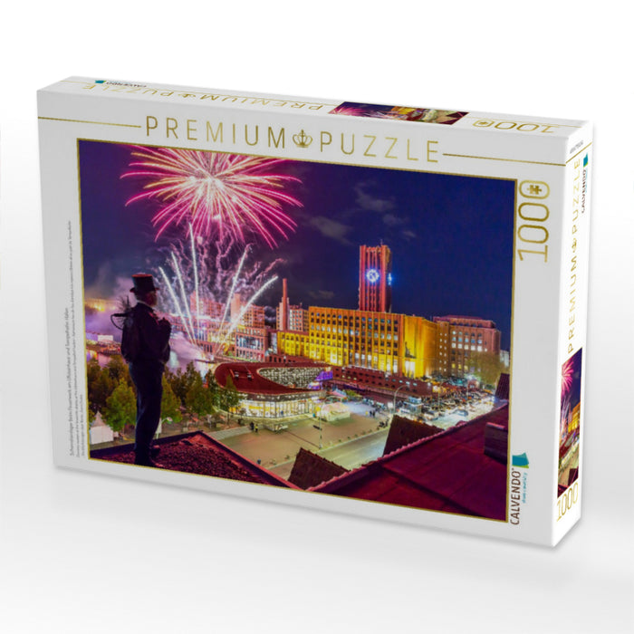 Schornsteinfeger beim Feuerwerk am Ullsteinhaus und Tempelhofer Hafen - CALVENDO Foto-Puzzle'