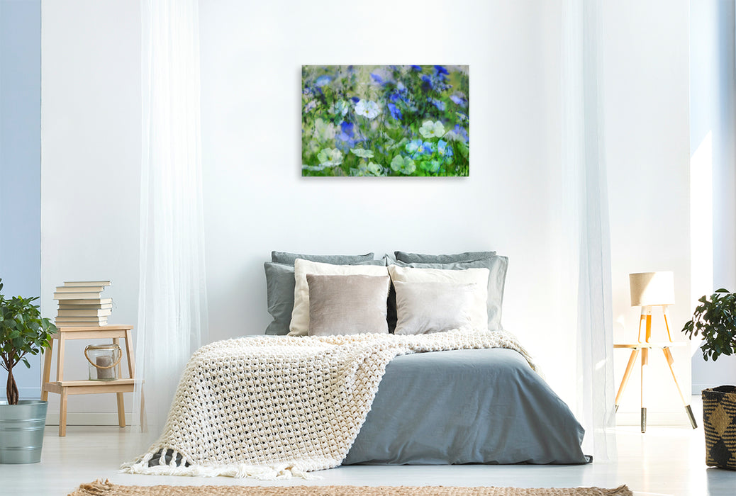 Toile textile premium Toile textile premium 120 cm x 80 cm paysage Rêve en bleu et blanc 