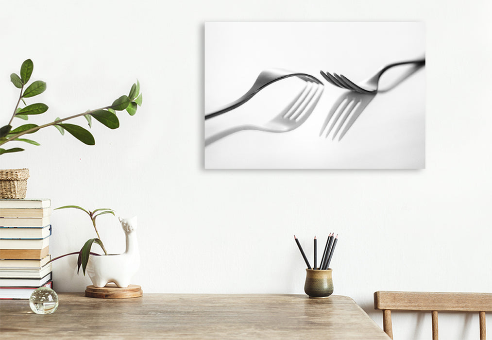 Premium textile canvas Premium textile canvas 120 cm x 80 cm landscape A motif from the calendar Abstract things from the kitchen - knives, forks and spoons creatively presented 