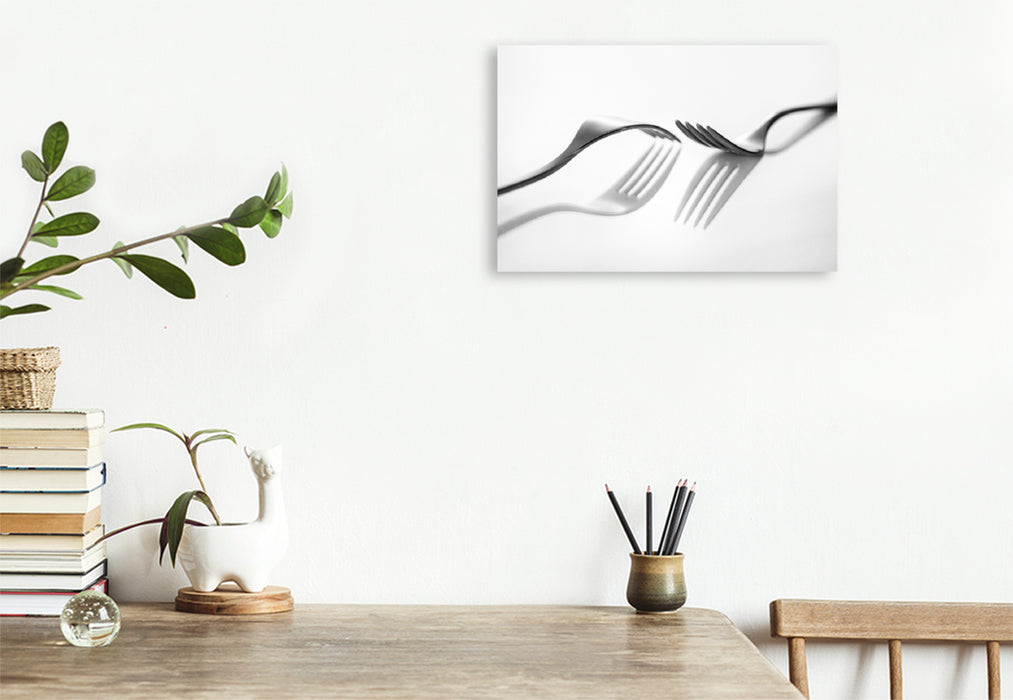 Premium textile canvas Premium textile canvas 120 cm x 80 cm landscape A motif from the calendar Abstract things from the kitchen - knives, forks and spoons creatively presented 