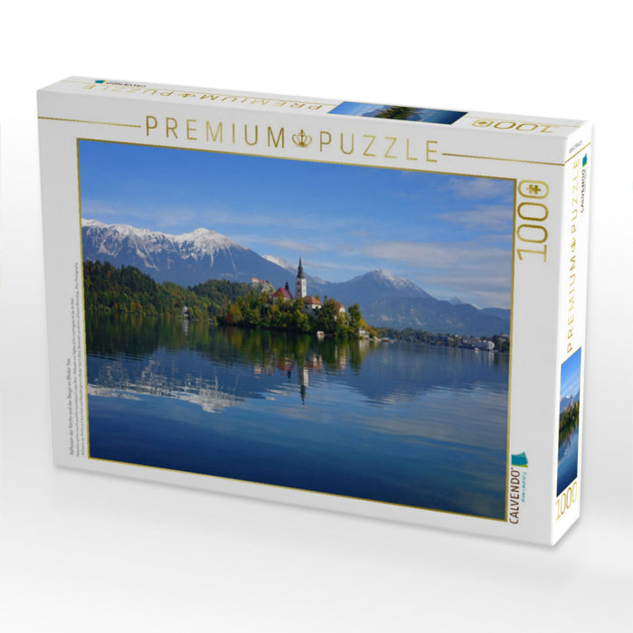 Reflexion der Kirche und der Berge im Bleder See - CALVENDO Foto-Puzzle'