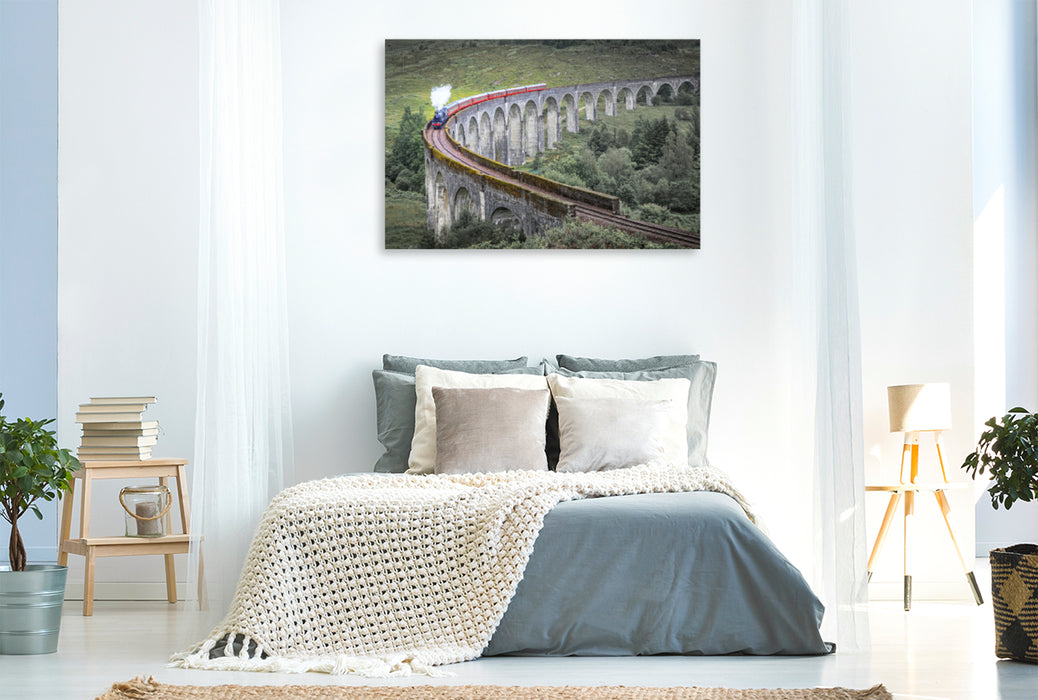 Premium Textil-Leinwand Premium Textil-Leinwand 120 cm x 80 cm quer Historische Dampfeisenbahn auf dem Glenfinnan Viaduct, Schottland