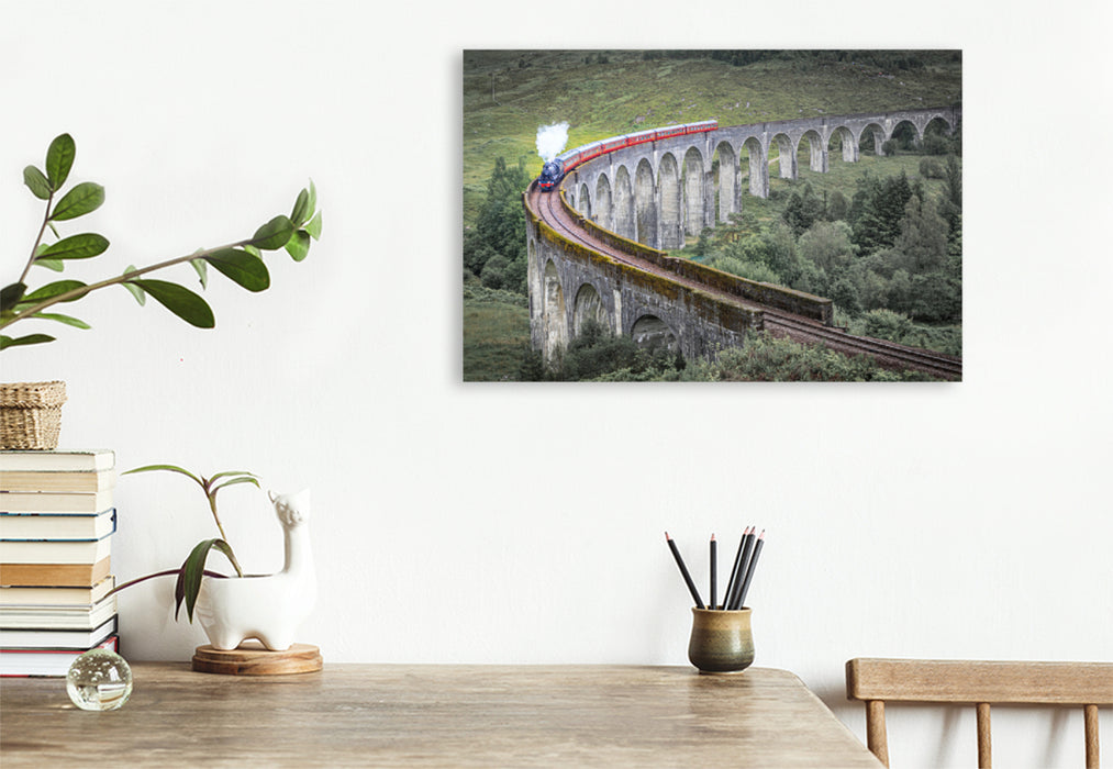 Premium Textil-Leinwand Premium Textil-Leinwand 120 cm x 80 cm quer Historische Dampfeisenbahn auf dem Glenfinnan Viaduct, Schottland