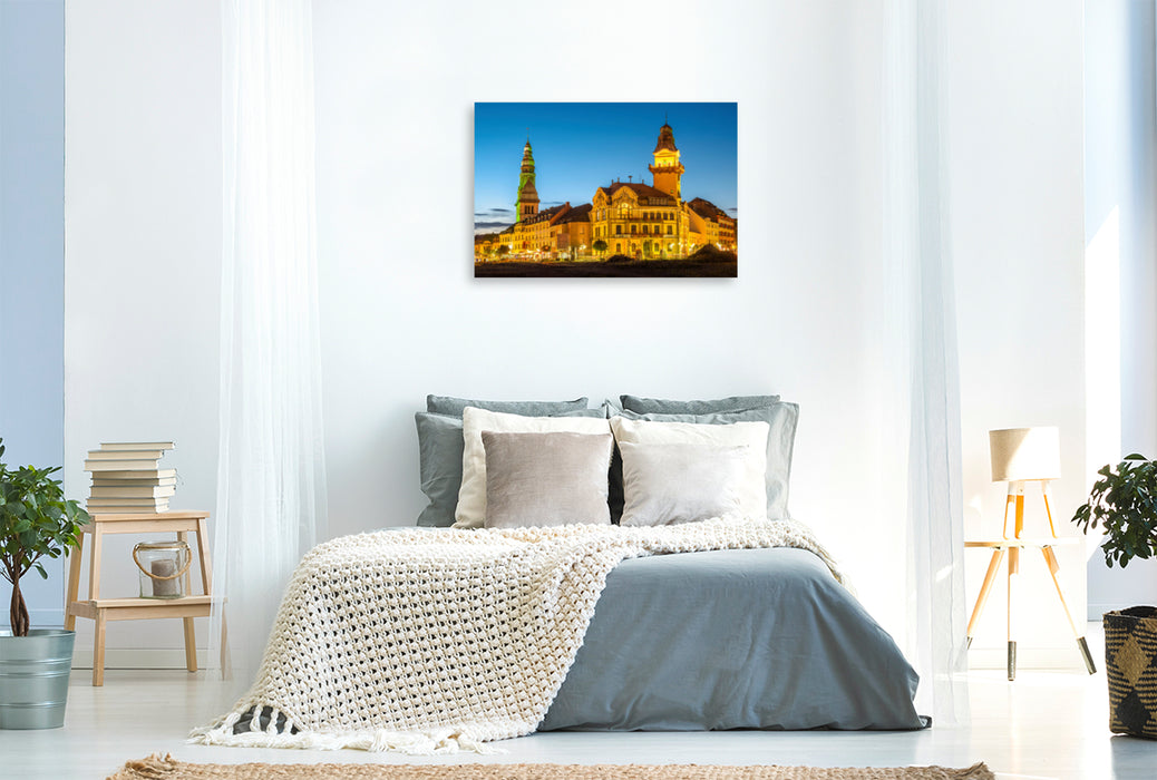 Premium textile canvas Premium textile canvas 120 cm x 80 cm landscape Hilmar Buchmann - view of the old town hall and the Eligius Church in Völklingen. 