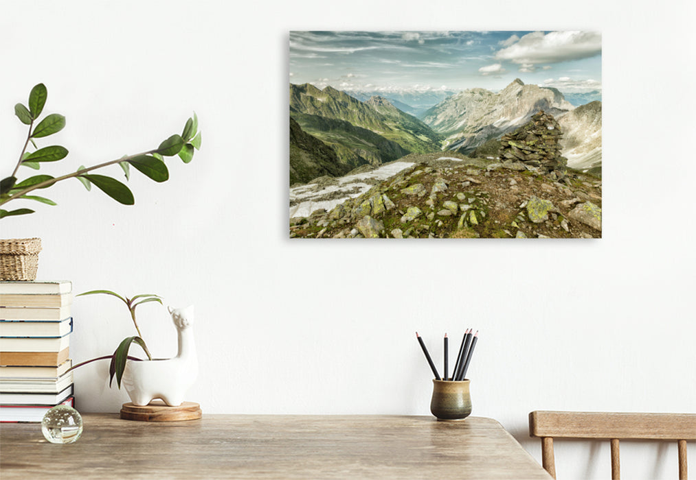 Premium textile canvas Premium textile canvas 120 cm x 80 cm landscape view of the Stubaital 