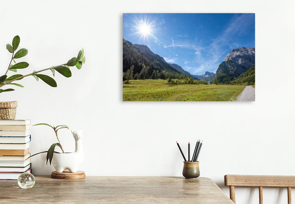 Premium textile canvas Premium textile canvas 120 cm x 80 cm across hiking trail to Gramaialm 