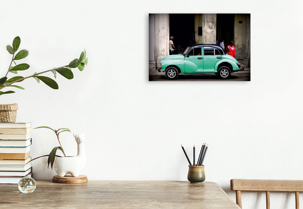 Premium Textil-Leinwand Premium Textil-Leinwand 120 cm x 80 cm quer Morris Minor in Havanna - Ein Motiv aus dem Kalender "Auto-Legenden - British Classics"