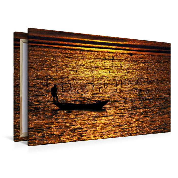 Premium Textil-Leinwand Mann mit Boot bei der Algenernte, Bali