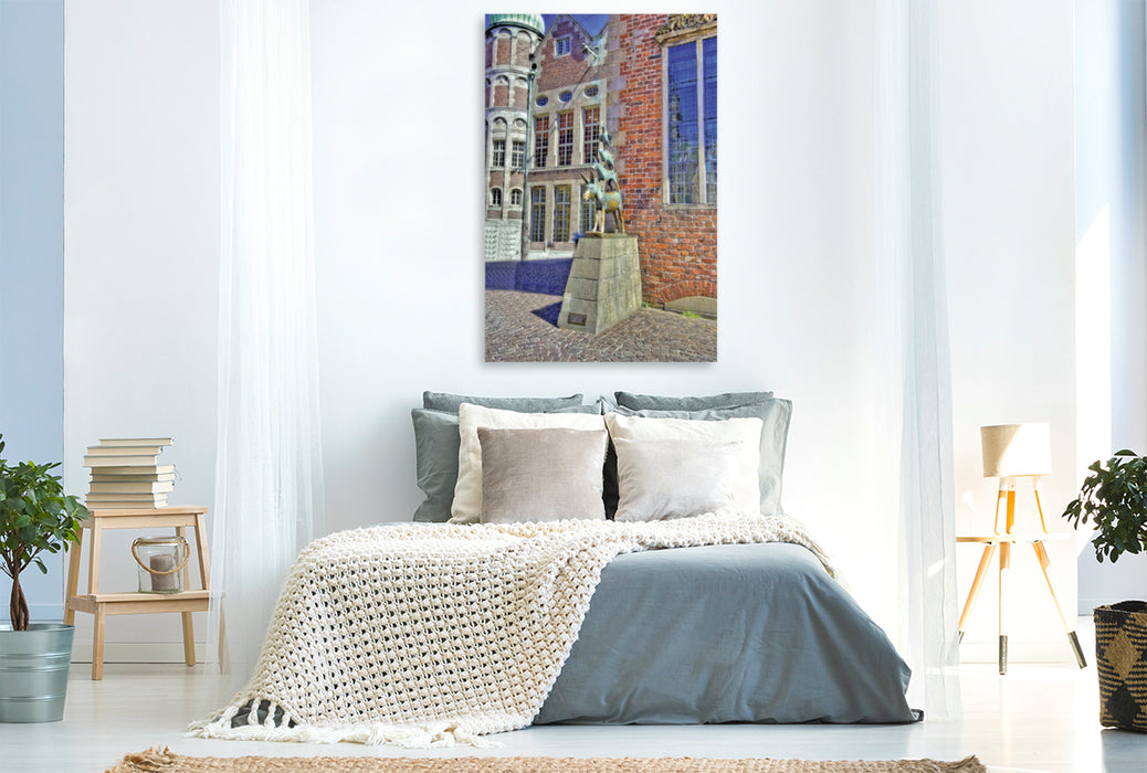 Premium Textil-Leinwand Premium Textil-Leinwand 80 cm x 120 cm  hoch Bremen - Das bekannteste Wahrzeichen der Stadt, die Stadtmusikanten von 1953