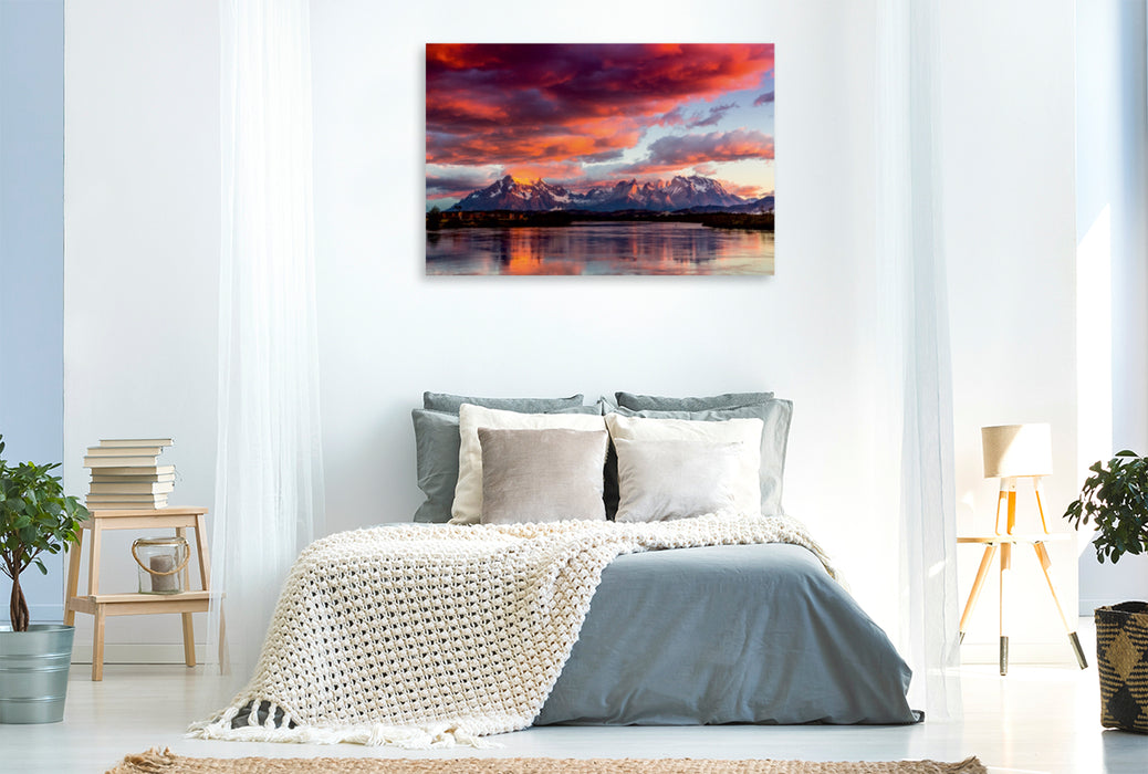 Premium Textil-Leinwand Premium Textil-Leinwand 120 cm x 80 cm quer Sonnenaufgang im Torres Del Paine